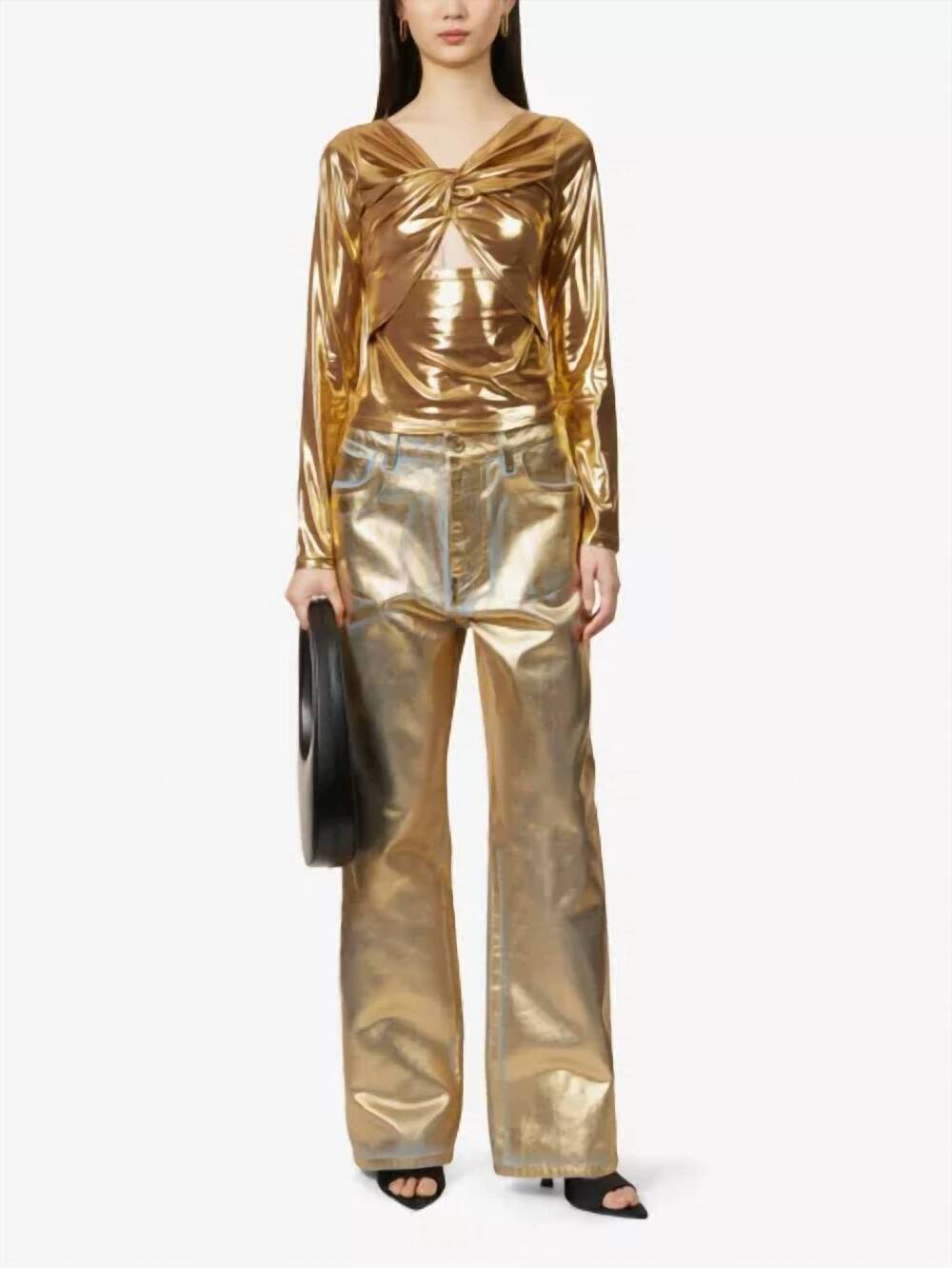 NEW AMYLYNN martina high shine stretch long sleeve top in gold